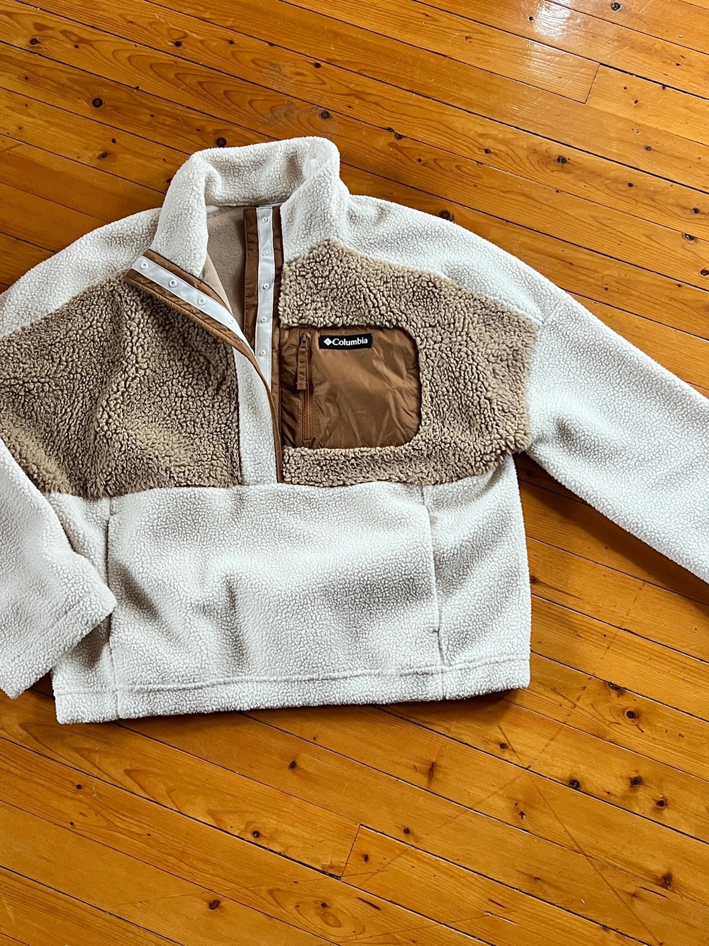 Columbia Costco Cream and Brown Sherpa Snap Pullover Hoodie